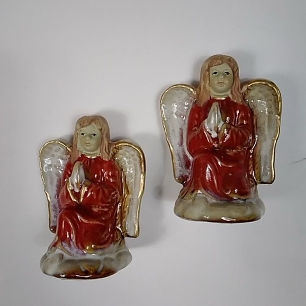 Vintage Of By 2 Ceramic Angel Figurines with Red and Gold Accents